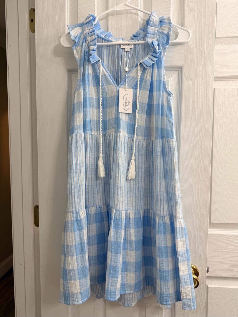 Blue Gingham Ruffle-Trim Girls' Dress